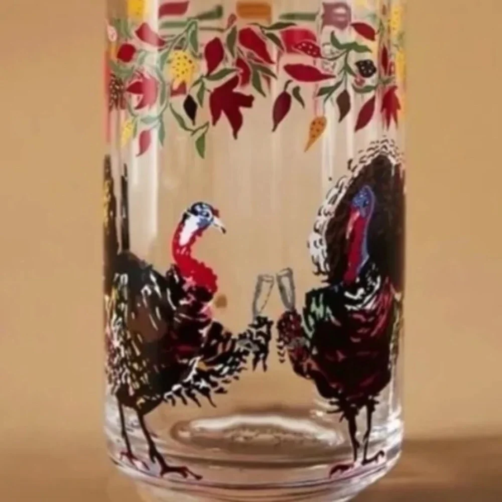 Set of 4 Anthropologie Inslee Farris Autumn's Bounty Turkey Drinking Glasses